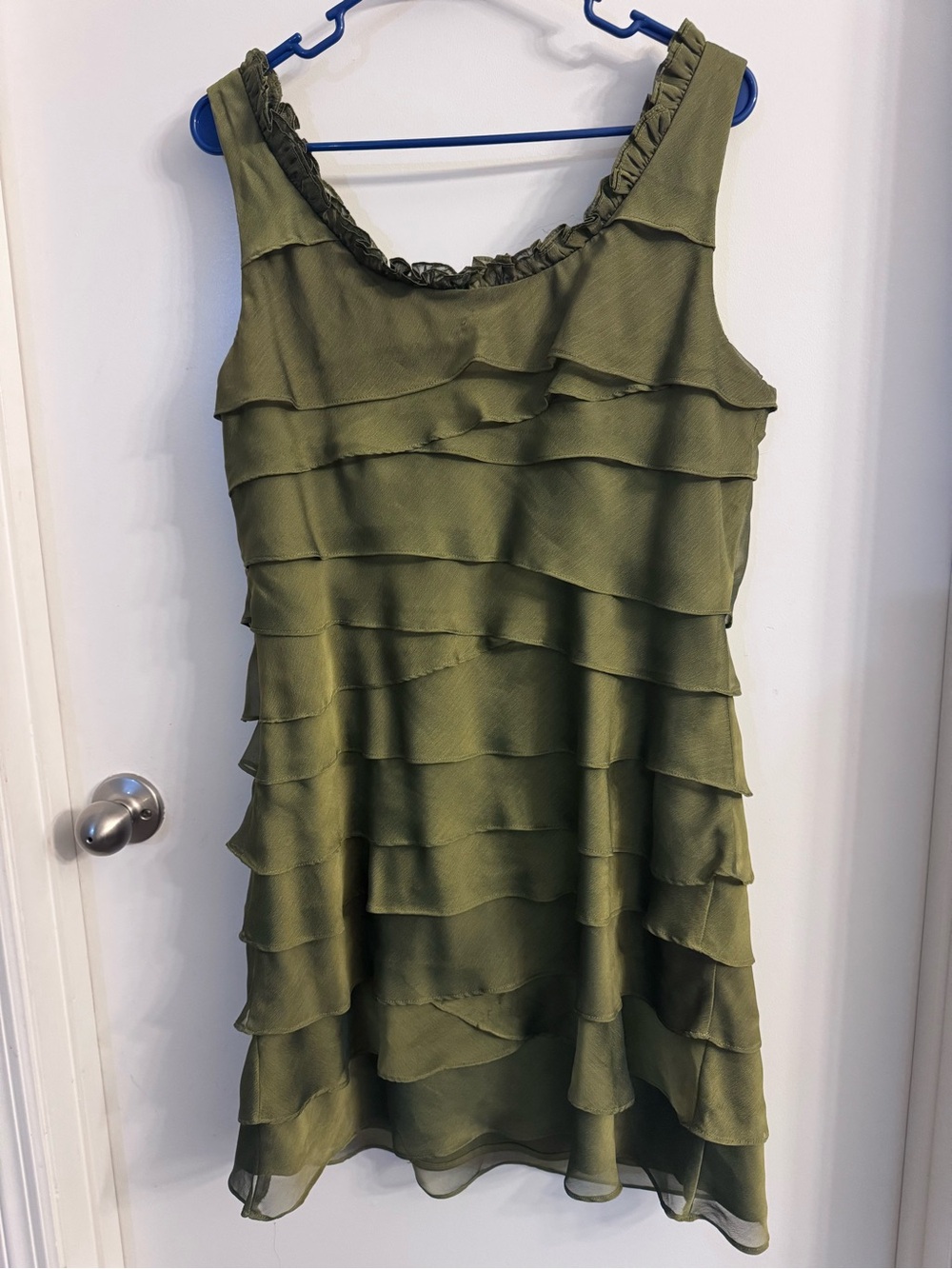 SL Fashions Olive Green Tiered Beaded Neckline Mini Dress - Picture 4 of 6